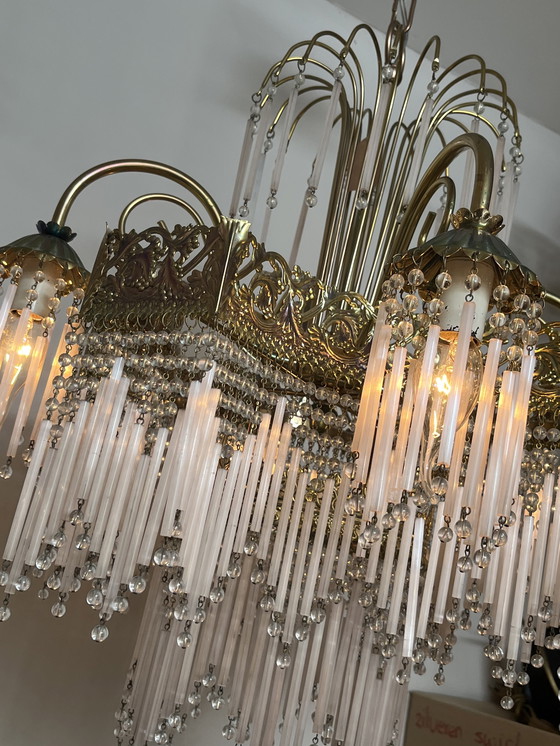 Image 1 of Vintage xl pink opaline rod chandelier pendant lamp art deco style