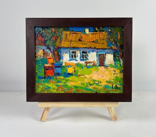 Original Oil Painting Summer Village Landscape Where childhood is on the grass
