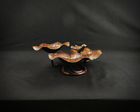Image 1 of Birdbath in patinated metal, three-level lotus leaf form