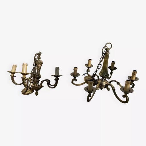 2 lampadari in ottone Luigi XV, 5 e 6 lampadine