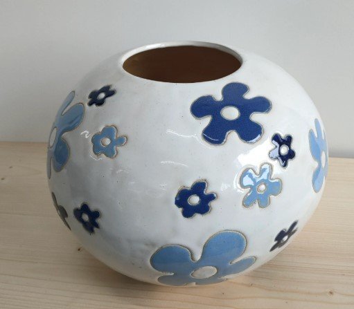 Einzigartige Vintage 1970er handgemachte Inlay Vase/Blumentopf