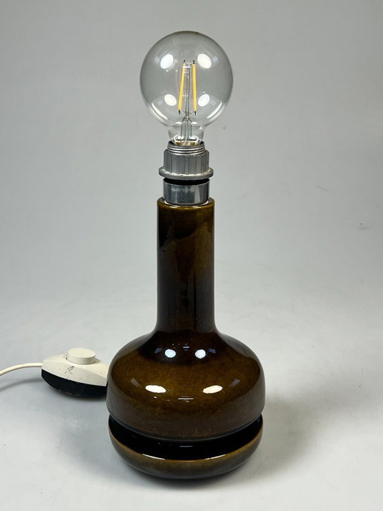 Image 1 of Vintage Earthenware Table Lamp, Green/Brown Ceramic with Wool Shade, Germany 1970s