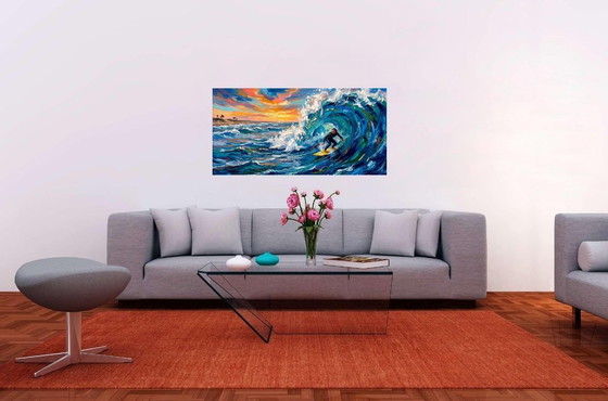 Image 1 of Panoramisch impressionistisch schilderij op acrylcanvas / Surfer (120x60 cm)