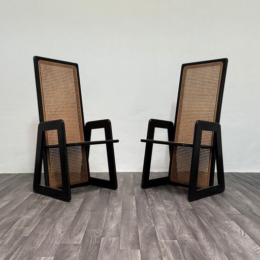 Coppia Di Sedie Design Schienale Alto Legno Laccato Paglia Di Vienna Anni '70