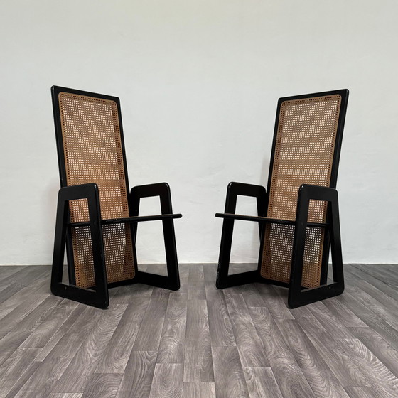 Image 1 of Coppia Di Sedie Design Schienale Alto Legno Laccato Paglia Di Vienna Anni '70