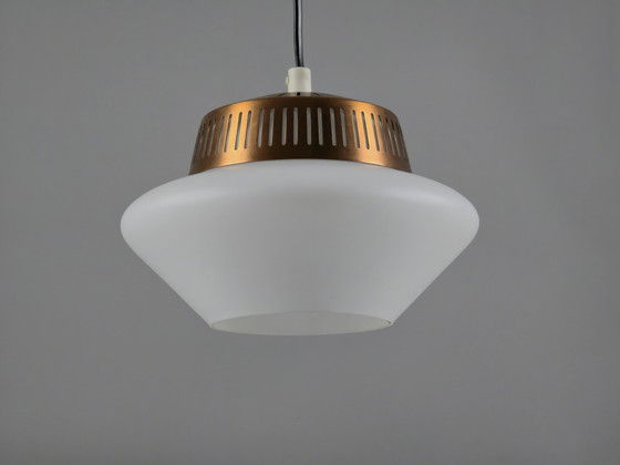 Image 1 of Rare 1950s Vintage Opal Arch Pendant Light By Svend Aage Holm‑Sørensen — Danish Mid-Century Modern Pendant Lamp.