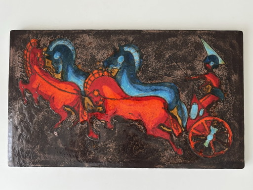 Ceramiche della Germania Ovest, 1970, grande piastrella da parete raffigurante una scena di battaglia 