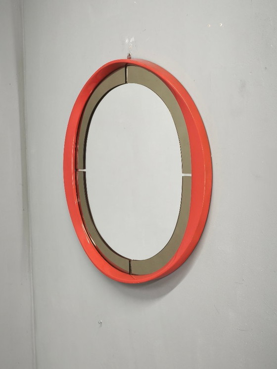1970s Italian Space Age Red Lacquer and Smoked Glass Round Mirror – Wood (photo 8 of 9)