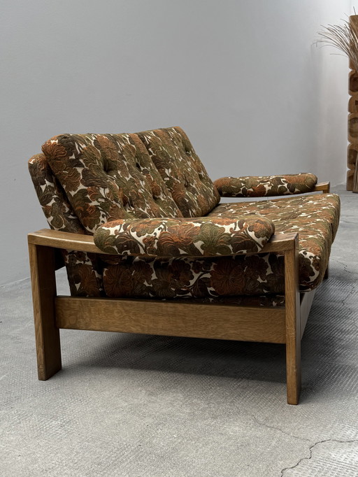 MIDCENTERIE VINTAGE 2-SEATER SOFA JACQUARD FABRIEK EIK HOUT 1970