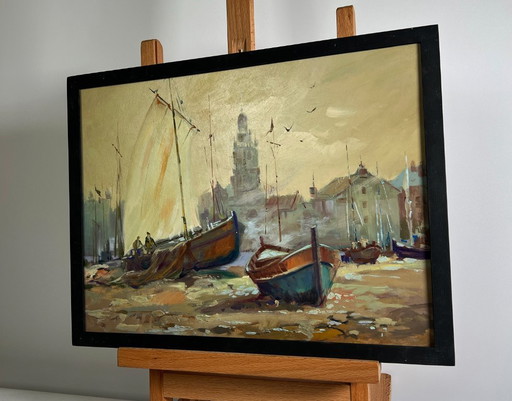 Pintura al óleo original Paisaje urbano al atardecer Atardecer en el muelle