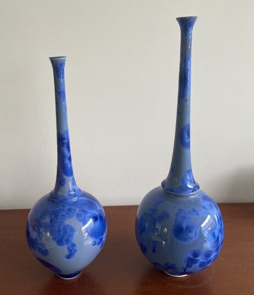 Willy Van Bussel - Two Porcelain Bottle Vases in Blue Crystalline Glaze