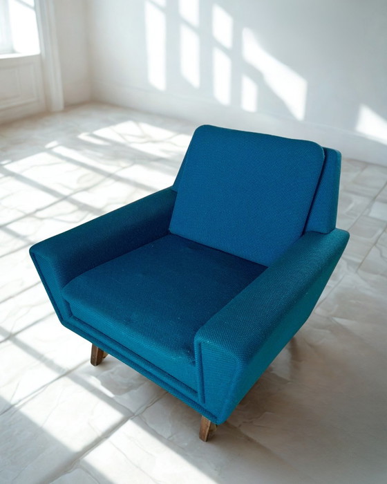 Zeldzame Deense 4-Zits Bank + Fauteuil | Petrol Wol | Jaren '60 – 3-5 zitsbanken, Wool, Wood (photo 5 of 9)