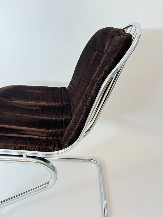 Image 1 of 1/2 sedie da pranzo vintage in metallo con cuscini in velluto marrone, Italia, 1970