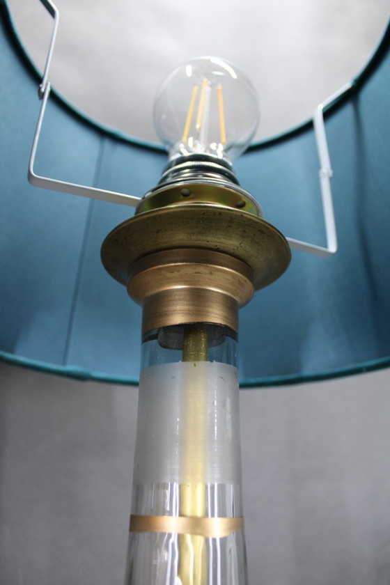 Image 1 of Paire de lampes de table en verre peintes à la main avec abat-jour en tissu neuf, Tchécoslovaquie, années 1960