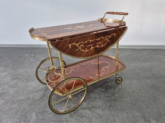 Image 1 of Serveerwagen barkar Trolley met zijkleppen, inleg van marqueterie, jaren 1970.