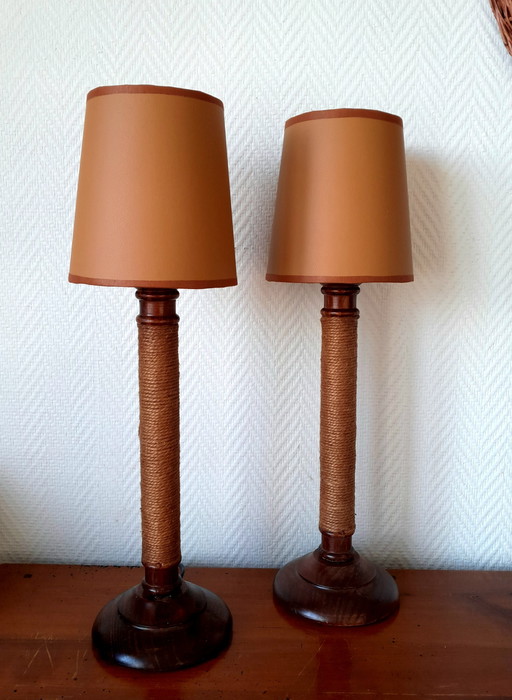 2X Lampes Vintage Bois Corde Et Simili Cuir 