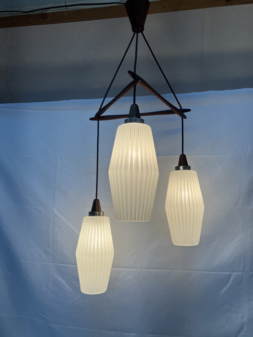 Vintage Scandinavian teak pendant lamp with 3 glass chalices