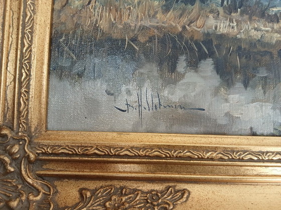 Image 1 of Beautiful Oil Painting by B.H. Slotman - Atmospheric Landscape with Baroque Frame