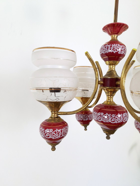 Image 1 of Vintage kroonluchter, 4 Arm Messing Keramiek en Glas Plafondlamp, Vintage Licht Armatuur, 70s Hanglamp, Mid Century Modern Lam