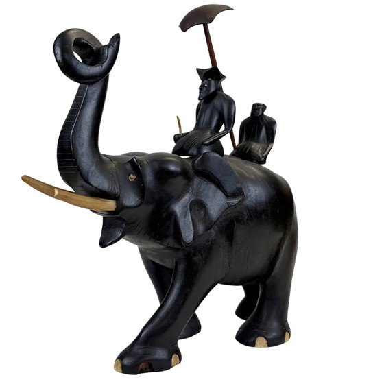 Koloniale Ebbenhouten Olifant Beeldhouwkunst met Mahout – Handgesneden Aziatische Beeldhouwkunst – 32 cm (photo 9 of 10)
