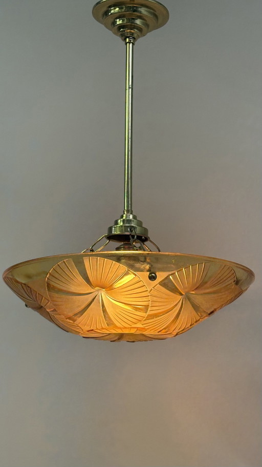 Hubens & Degué ceiling lamp chandelier Art Deco amber colored glass