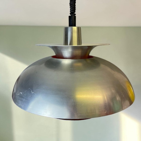 Scandinavian Modern Danish Brushed Aluminium Silver And Red Rise And Fall 4-Light Hanging Lamp, 1970s (photo 3 of 17)