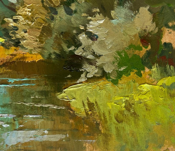 Image 1 of Original Oil Painting Summer River Landscape River along the willow