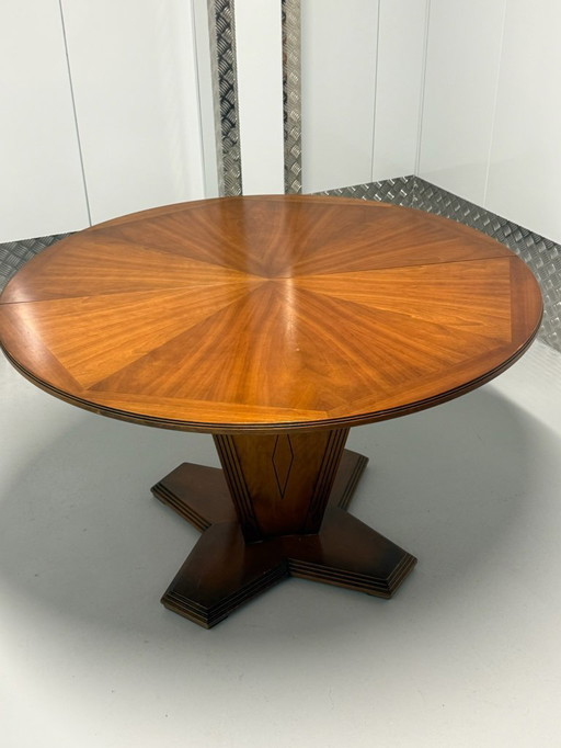 Ausziehbarer runder Esstisch im Art-Deco-Stil mit Sonnenmusterfurnier