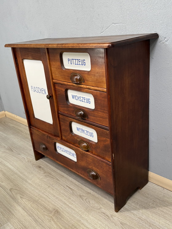 Image 1 of Antique kitchen cabinet with porcelain drawer plates | ca. 1900-1930