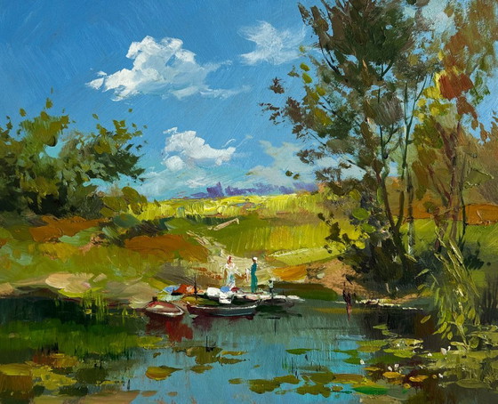 Image 1 of Original Oil Painting Summer Lake Landscape Take a swim in a summer lake