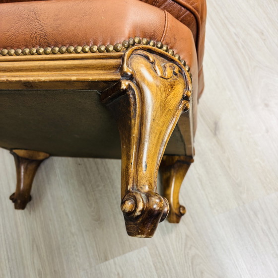 Image 1 of Vintage Queen Anne leather footstool with cabriole legs