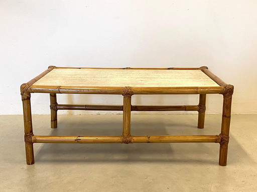 Table basse en bambou avec plateau en travertin, 1970