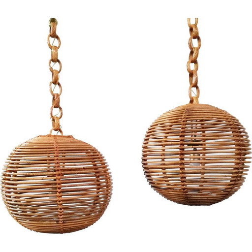 Pair of vintage rattan and reed chandeliers, 1970