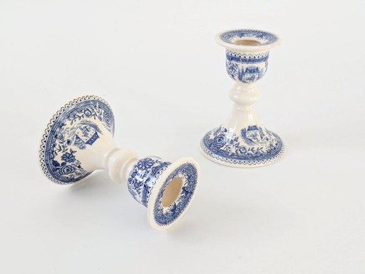 Set of 2 Antique Villeroy & Boch Burgenland Candleholders | Blue Saar Transferware (1913–1947)