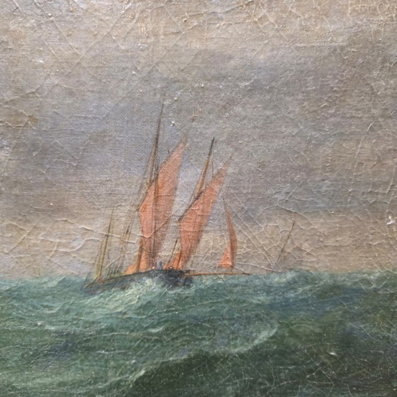 Image 1 of Antiek schilderij met zeilboot op ruwe zee, van rond 1900