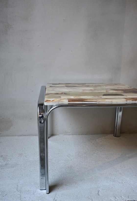 Vintage 70s Design Side Table, Onyx Mosaic & Chrome – Coffee tables, Stone, Metal (photo 3 of 12)