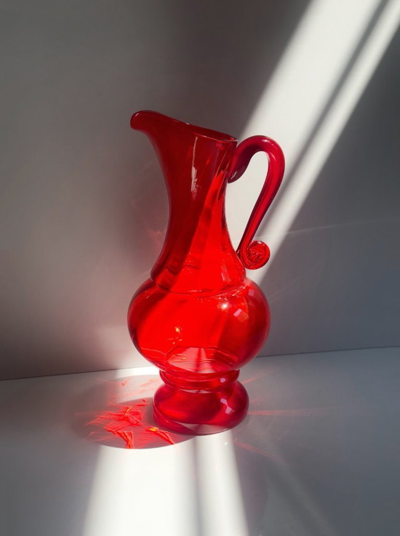 Image 1 of Polish Glass Carafe Ruby Glass Mid Century Szkła Ząbkowice Sodium Glass Ludwik Fiedorowicz 80s 70s Orange Red