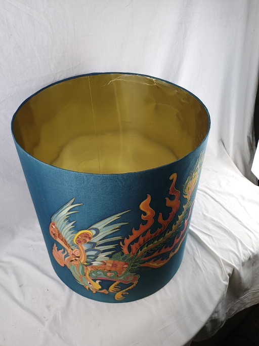 Handmade Signed Silk Dragon Lampshade, Large Vintage Style Table or Floor Lamp Shade, Asian Inspired Decorative Shade