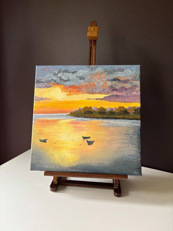 Image 1 of Impressionistisch landschap schilderij – zonsondergang met boten | What Will Tomorrow Bring