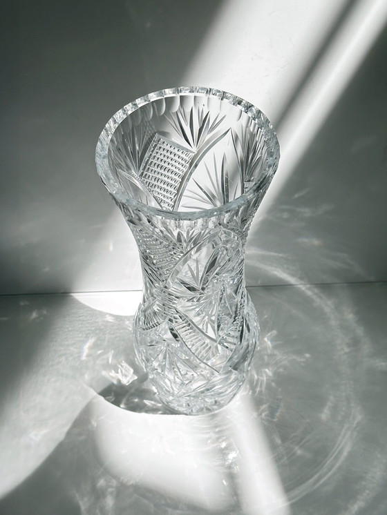 Image 1 of Soviet crystal glass vase lead cut Mid - Century 1960s 1970s Solid heavy lead crystal flower vase