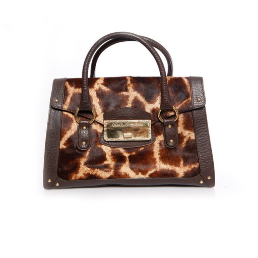 Dolce & Gabbana, Borsa a mano in pelle marrone con stampa giraffa in pelo di vitello.