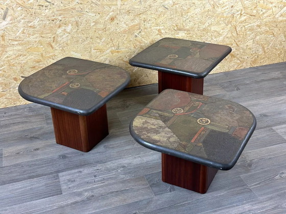 Image 1 of 90s set van 3 Brutale salontafels met mozaïek van Paul Kingma voor Kneip