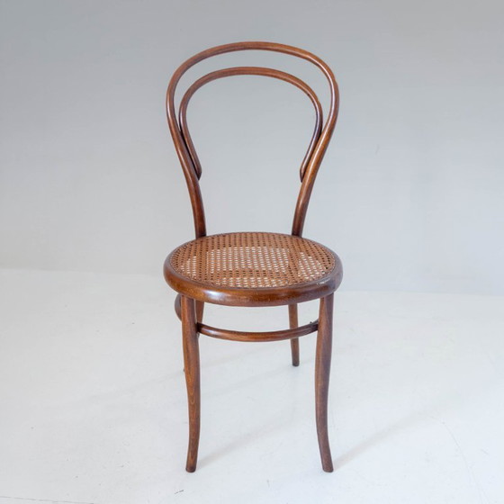 Image 1 of Set van vier eetkamerstoelen uit de jaren 1900, gemaakt van gebogen hout en riet door Josef Hoffmann, met label.
