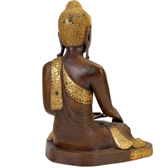 Antique Burmese Mandalay Wooden Buddha – Bhumisparsha – c. 1900–1930 – Sculpture, Glass (photo 10 of 11)