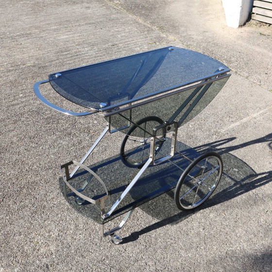 Image 1 of French Mid-Century Smoked Glass and Chrome Bar Trolley-Drop Leaf Bar Cart-Vintage Two Tier Dessert-Bar Trolley-60s