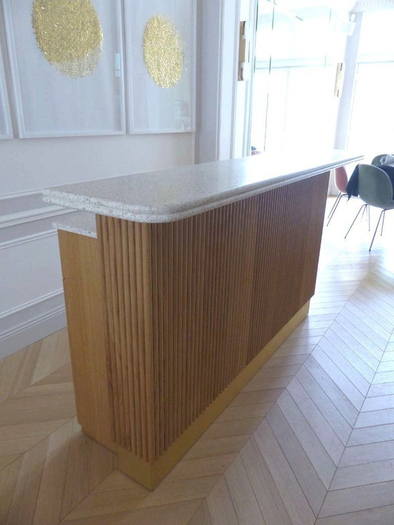Image 1 of Moderne Bar aus massiver Eiche und doppelter Terrazzo-Arbeitsplatte – Einzigartiges Stück