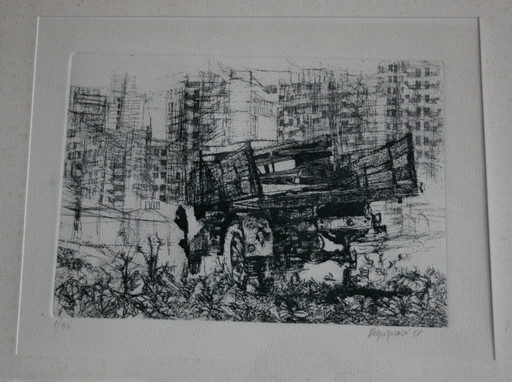 Renzo Vespignani, Italiaan (1924 - 2001) - Vrachtwagen in de buitenwijken, Jaar: 1956, Ets, gesigneerd en genummerd in potlood