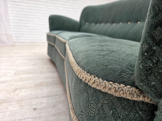 Image 1 of 1960s, Danish 3-seater curved sofa, light green furniture fabric, original condition.