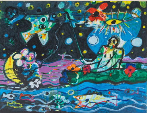 Guazzo / composizione figurativa colorata - Artista: Hans Truijen - Titolo: Viaggio notturno