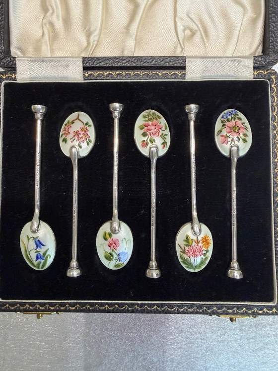 Henry Clifford Davis – 6 Cuillères à Moka en Argent Sterling 925 & Émail – Proud’s – 1959 – Jamais Utilisées (photo 2 of 18)